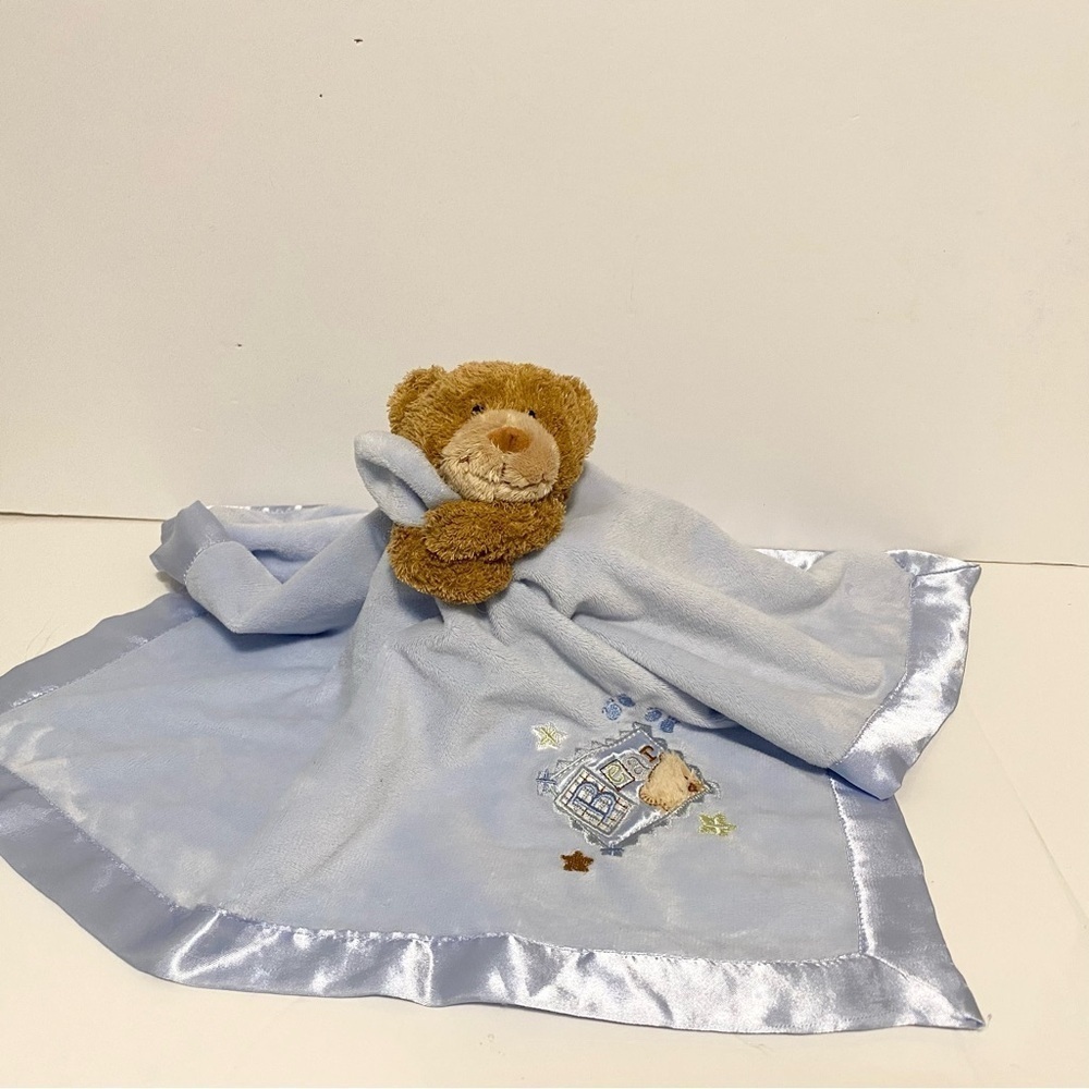 Baby Starters Bear Lovey Brown Teddy Blue Satin Trim Embroidered